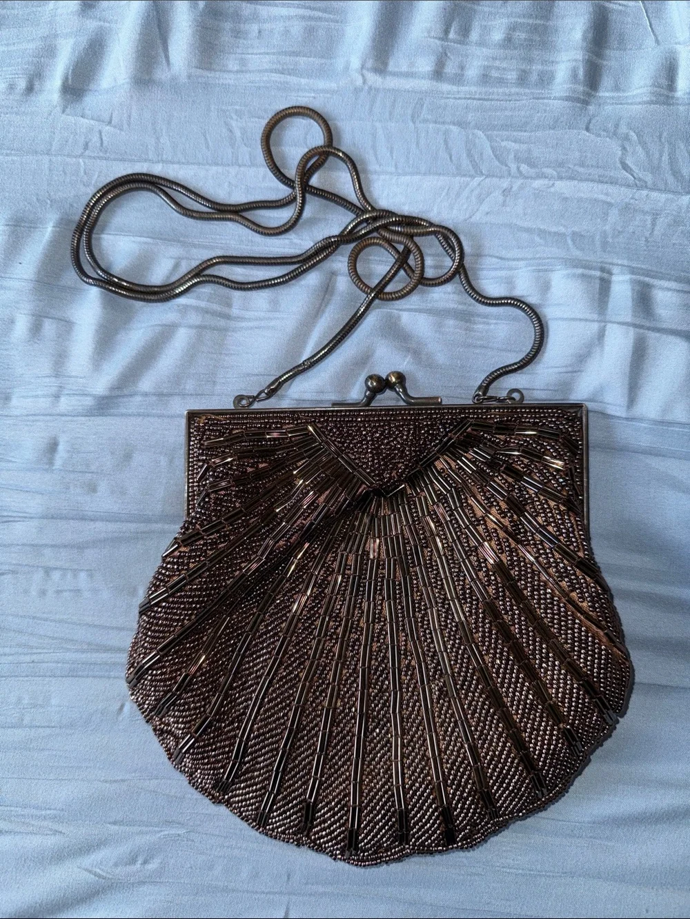 Vintage “Walborg” Deco Beaded Clam Shell Evening Purse Copper Bronze Chain